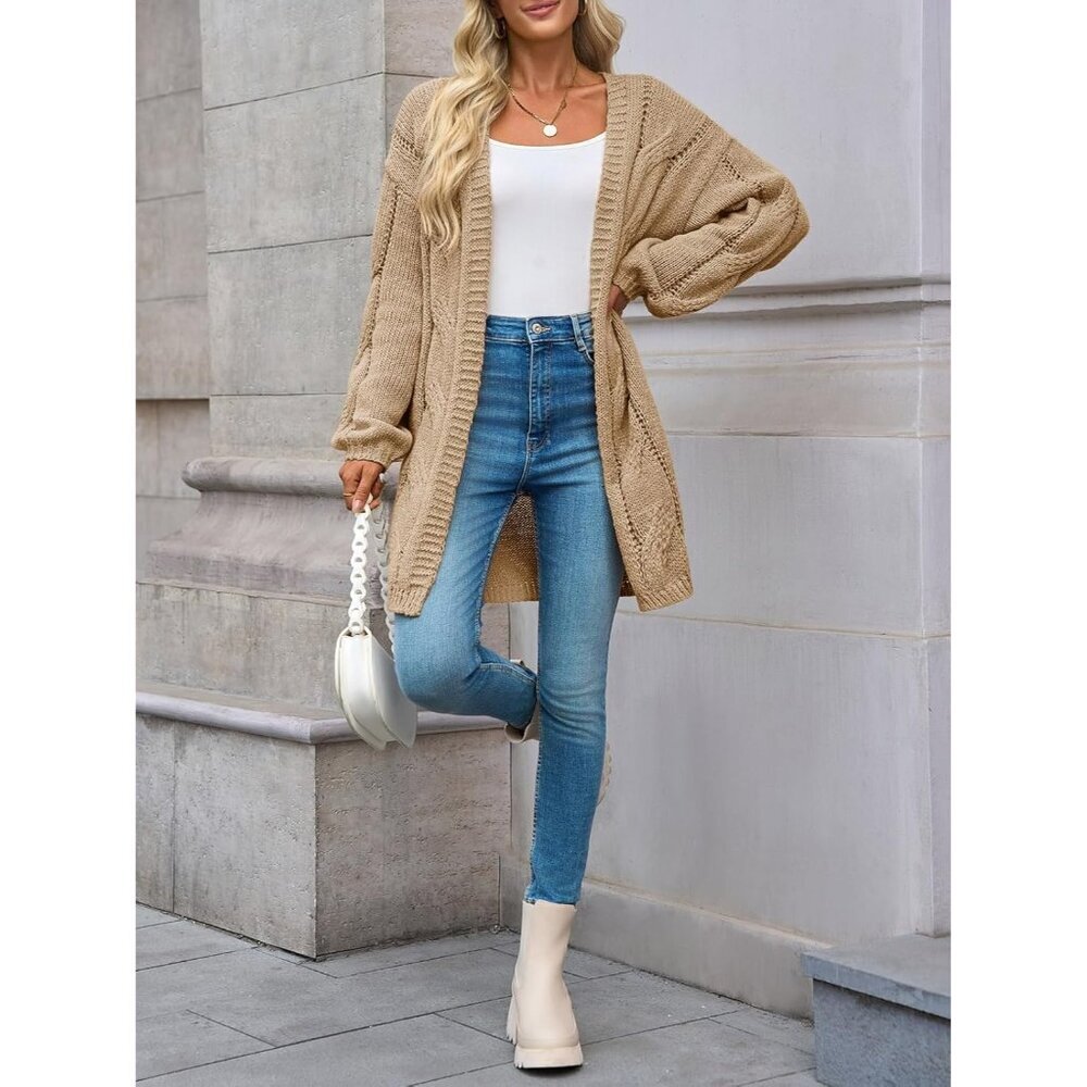 Womens Cable Knit Long Cardigan Loose Fit Fall Sweater Open Front Casual - Picture 4 of 5